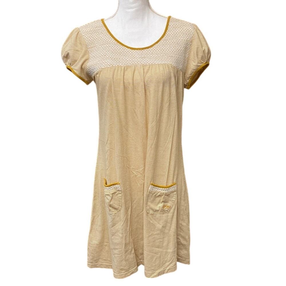 Vintage Billabong Dress Pockets Striped Sz Large y2k Babydoll 2000s Yellow Retro